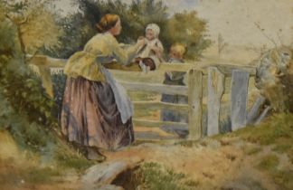 19th/20th Century School, watercolours and gouache, A painting lady walking along a woodland