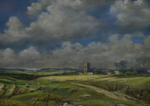 Walter Pip Phillips (20th Century, British), pastel, A countryside landscape with church and sea
