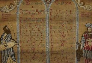 18th Century School, a needlework sampler displaying a verse from Exodus I, by Elizabeth Tickner and