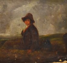 19th Century Scottish School, oil on canvas, A young boy sitting before a moody coastal landscape,
