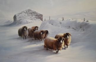 After Robert Nicholls (20th Century, British), coloured print, Sheep in a Winter Landscape, signed