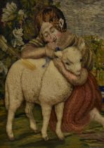 19th Century School, needlework/stump work embriodery, A young French girl and lamb, framed and