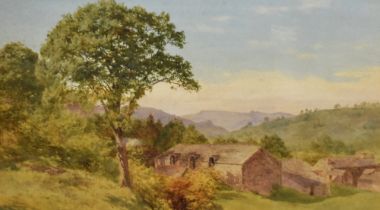 19th Century British School, watercolour, A farmstead within a green countryside setting, initials