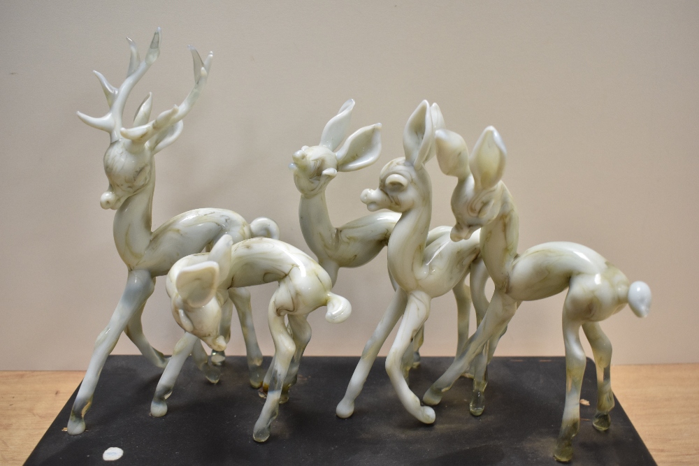 An unusual mid century mottled glass animal group, consisting of a stag and four does, each in - Image 3 of 3