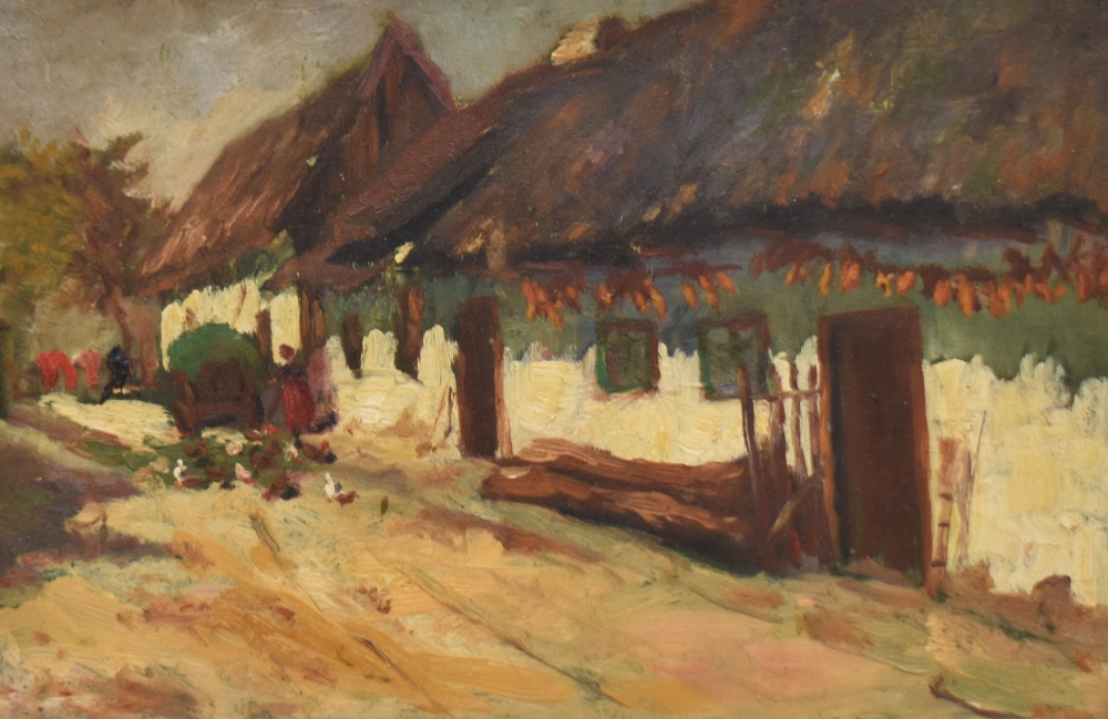 20th Century Continental School, oil on board, A village scene with thatched roof houses, signed