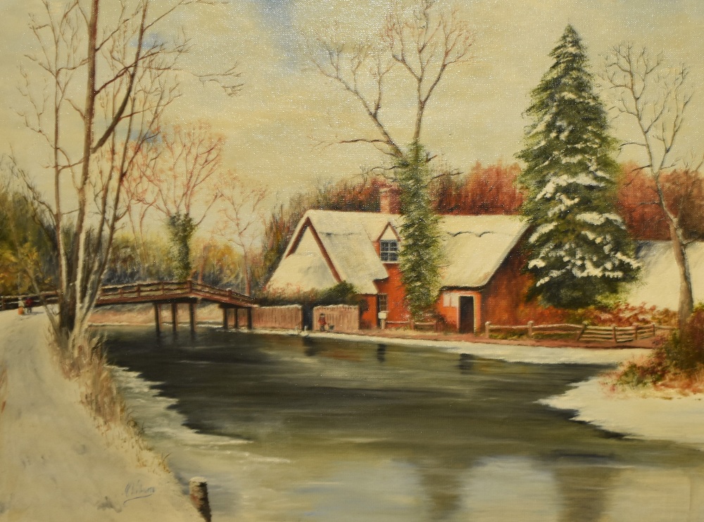 M.Williams (20th Century), oil on board, A winter landscape with cottage beside a river, signed to