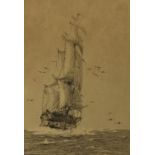 Rowland Langmaid (1897-1956, British), etching, A masted vessel at sea, signed to the lower right,