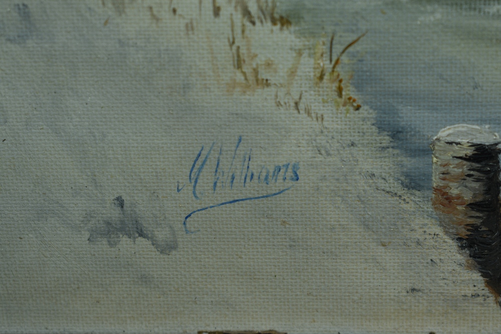 M.Williams (20th Century), oil on board, A winter landscape with cottage beside a river, signed to - Image 3 of 4