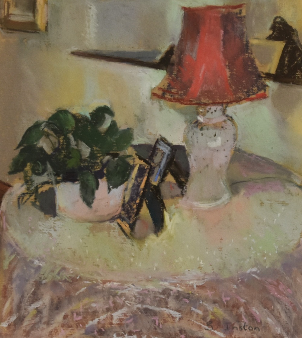B.Inston (20th Century), pastel, A still life arrangement depicting a vase of flowers, lamp, and