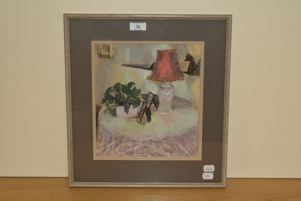 B.Inston (20th Century), pastel, A still life arrangement depicting a vase of flowers, lamp, and - Image 2 of 4
