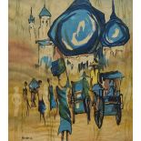 20th Century, print on material, A batik style print depicting water carriers on a busy street,