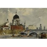 Edward Wesson (1910-1983, British), watercolour, St Paul's Cathedral and the River Thames from
