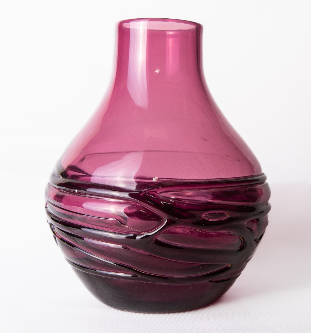 A Whitefriars glass Aubergine random Strapped Pot Belly vase, designed by Geoffrey Baxter, catalogue - Image 4 of 4