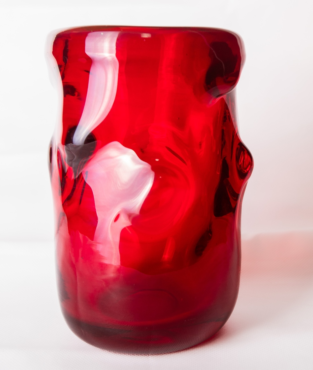 A large 1960s Whitefriars glass 'Knobbly' vase in ruby red, designed by William Wilson and Harry - Image 2 of 3