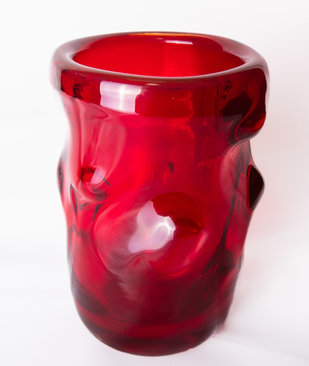 A large 1960s Whitefriars glass 'Knobbly' vase in ruby red, designed by William Wilson and Harry - Image 3 of 3