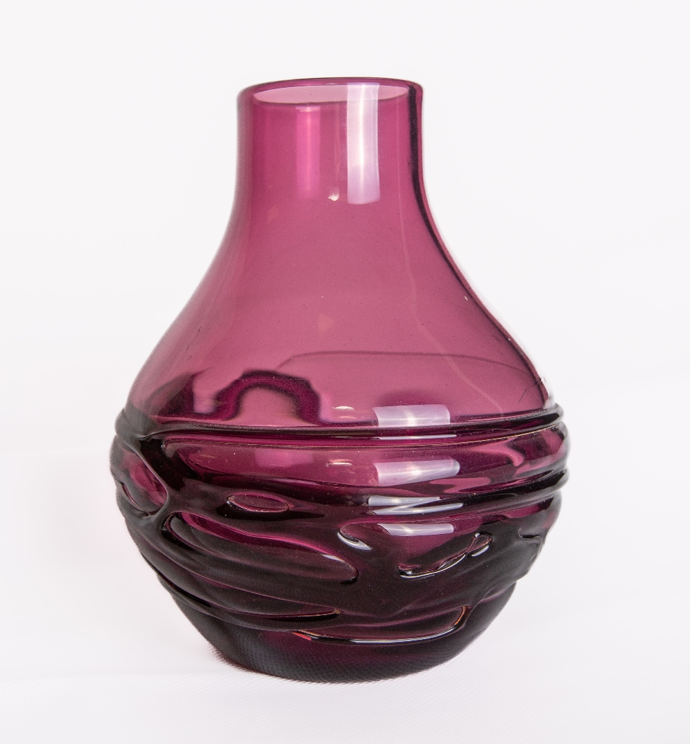 A Whitefriars glass Aubergine random Strapped Pot Belly vase, designed by Geoffrey Baxter, catalogue - Image 2 of 4