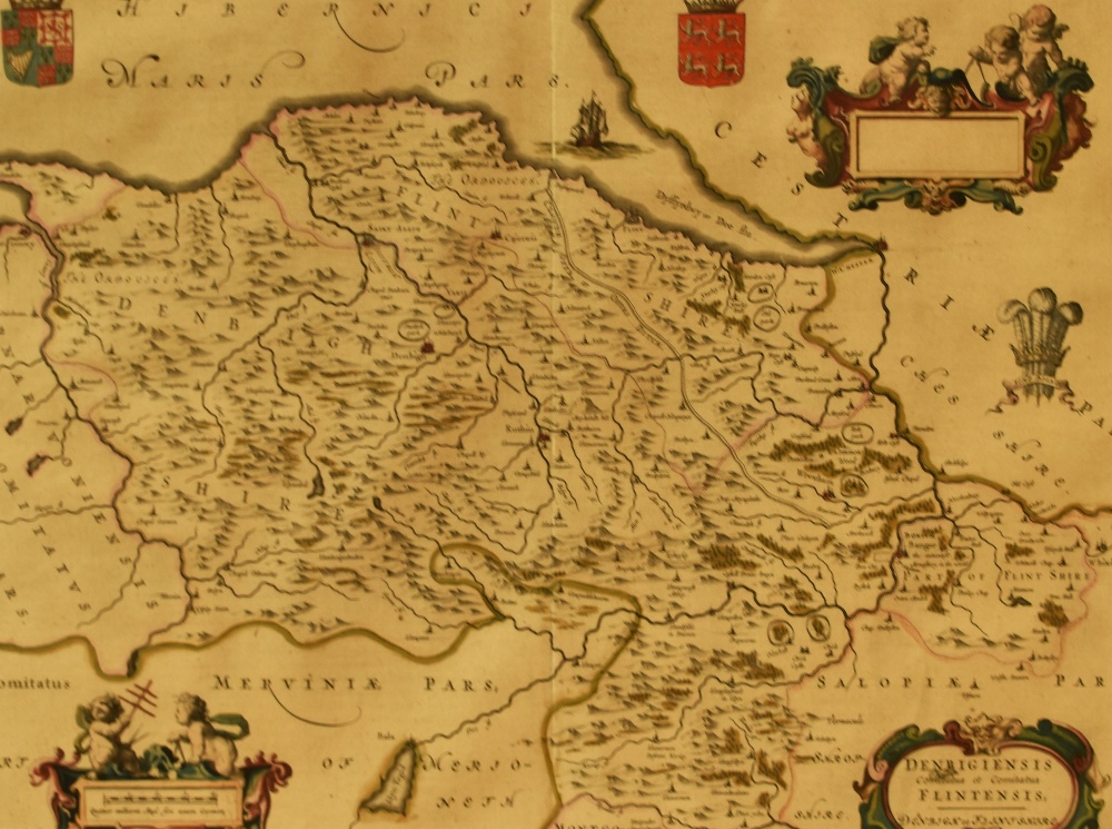 After Johannes Blaeu (1596-1673, Dutch), a hand coloured map of the Welsh counties of Denbigh and