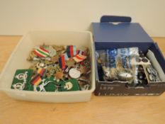 Two boxes of Military Badges, Buttons and Medals including approx 60 Cap and Helmet Badges,