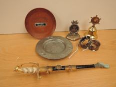 Seven items of Naval Memmorabilia, Port Royal 1692 Pewter Plate 14cm diameter, small wooden dish