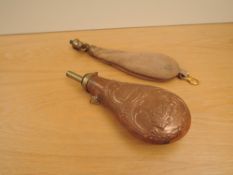 A Copper Powder Flask decorated Alamo and a leather Shot Flask being full