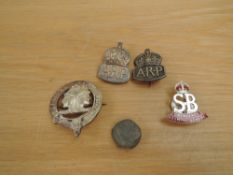 Two HM Silver ARP Badges, SB Emergency Hospital Scheme Badge (stretcher bearer), white metal