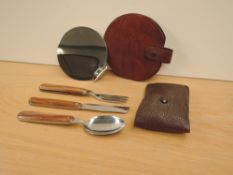 A Military possible Officers Mirror in leather case and a folding Spoon, Knife & Folk Set in Leather