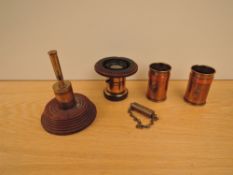 Five pieces of Trench Art, pair of Shell Vases dated 1917 & 1918 with Military Badges, a Shell
