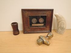 Four Items of Lord Nelson Memmorabilia, Oak framed containing two commemorative Medallions, brass