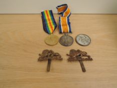 A WWI Medal Pair, War and Victory both named to 140472 SPR.R.TURNER.R.E along with two cap badges