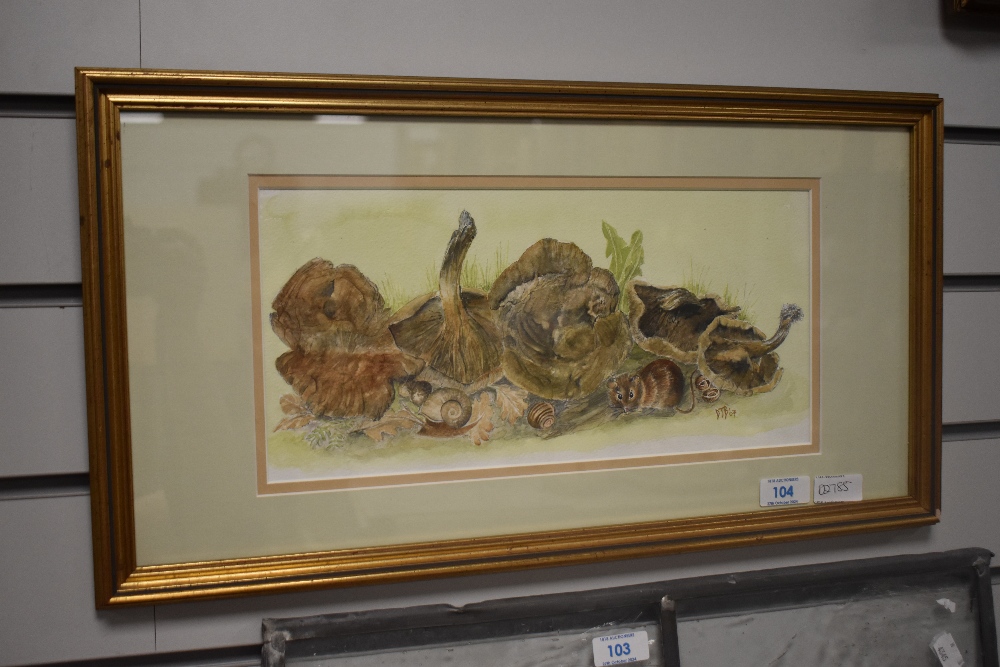 Contemporary School, watercolour, A still life arrangement depicting funghi, snails, and mouse,