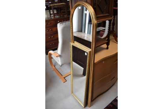 A moulded and gilt framed arched dressing mirror 140cm together with an oblong gilt framed mirror