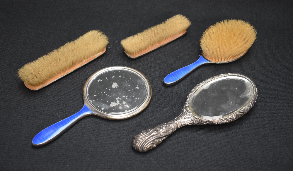 A George V blue guilloche and silver mounted vanity set, comprising a hair brush, a clothes brush, - Image 3 of 3