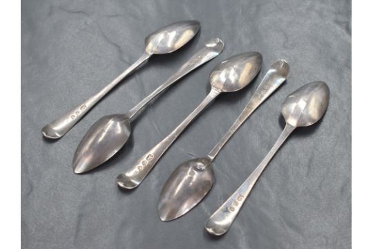 A group of five George III bright-cut silver teaspoons, having 'AIA' engraved to terminals, marks - Image 2 of 4