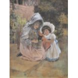 19th Century British School, watercolour/gouache, Two girls and a kitten, signed 'Flora...' to the