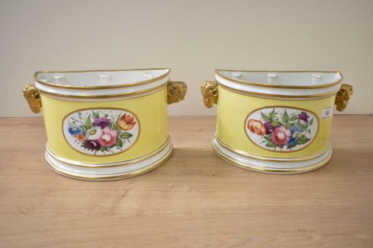 A pair of 18th century Derby Porcelan 'D' shaped bough pot's, gilded edging and handles in the - Image 1 of 5