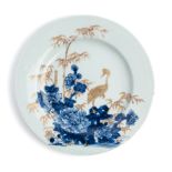 A CHINESE BLUE AND GILT 'CRANE AND BAMBOO' PLATE, QING DYNASTY, YONGZHENG PERIOD (1723-35)
