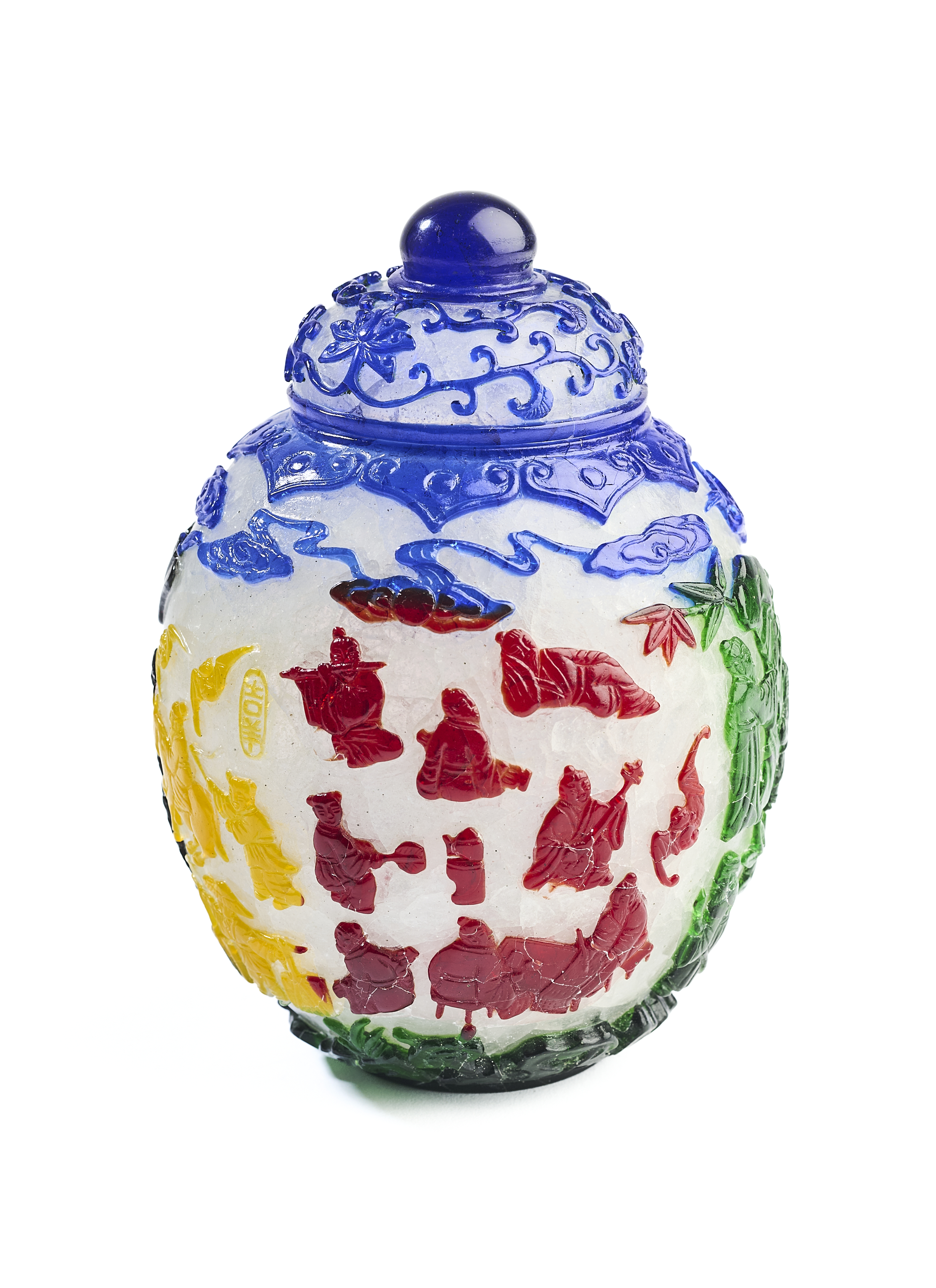 A RARE CHINESE CARVED SIX-COLOUR OVERLAY SNOWFLAKE GLASS JAR AND COVER, QIANLONG SEAL MARK