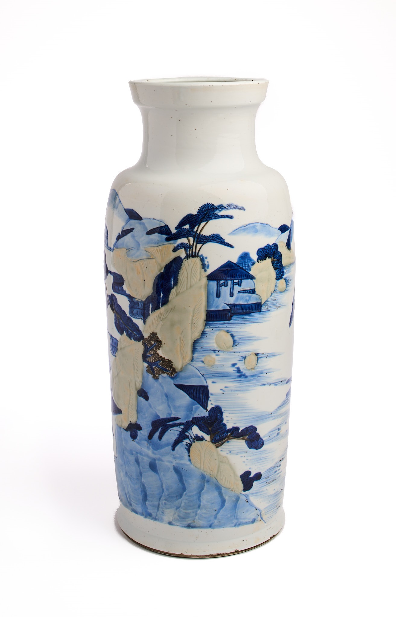 A CHINESE UNDERGLAZE-BLUE, COPPER RED, AND CELADON-GLAZED CARVED ROULEAU VASE, KANGXI PERIOD (1662-1