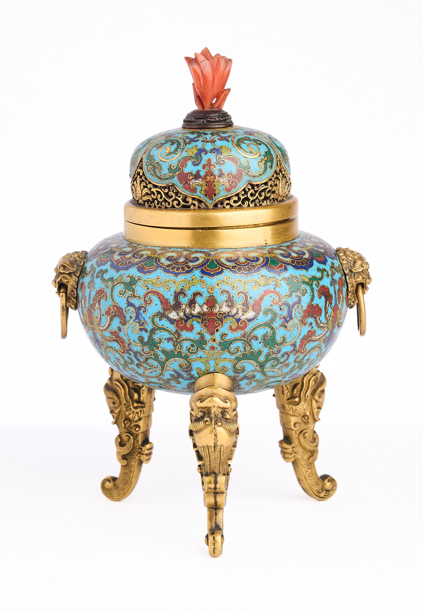 A CHINESE GILT-BRONZE AND CLOISONNE ENAMEL TRIPOD CENSER AND COVER, QING DYNASTY, QIANLONG PERIOD (1