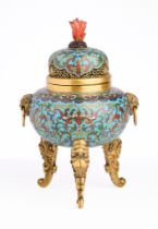 A CHINESE GILT-BRONZE AND CLOISONNE ENAMEL TRIPOD CENSER AND COVER, QING DYNASTY, QIANLONG PERIOD (1