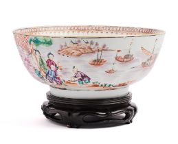 A CHINESE EXPORT PORCELAIN FAMILLE-ROSE 'HARBOUR SCENE' PUNCH BOWL, QIANLONG PERIOD (1736-95)