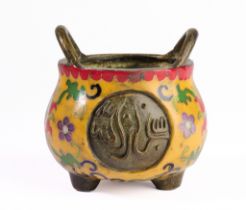 A CHINESE CLOISONNE ENAMEL AND BRONZE TRIPOD CENSER FOR THE ISLAMIC MARKET, LATE QING DYNASTY