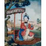 A CHINESE EXPORT REVERSE GLASS PAINTING OF A MAIDEN PLAYING A FLUTE, QING DYNASTY, 18TH CENTURY