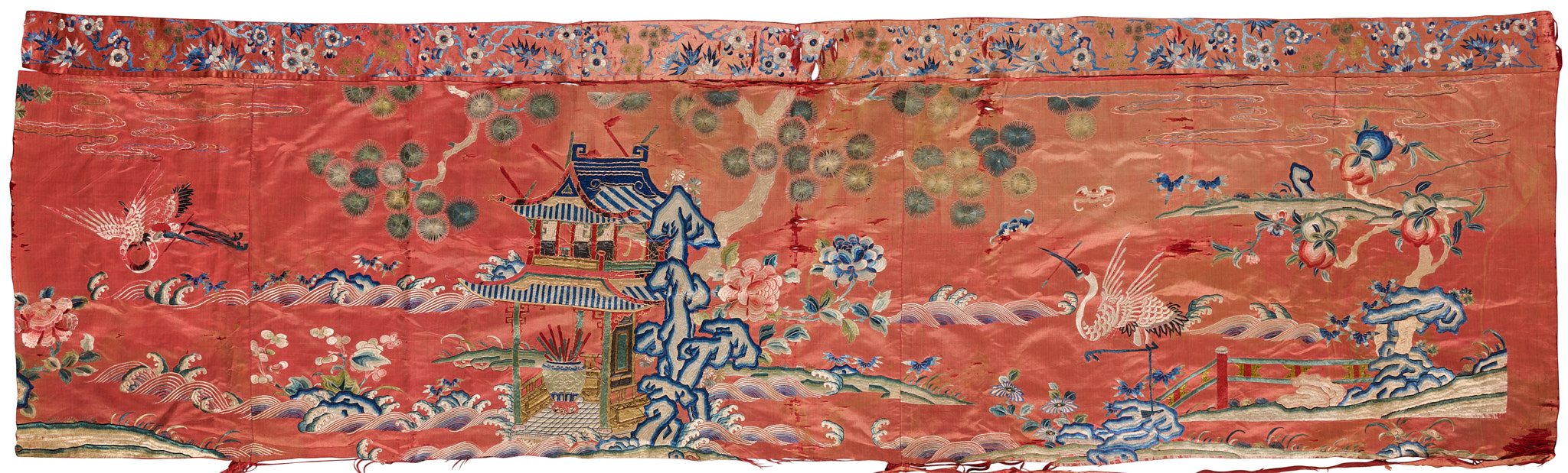 A CHINESE EMBROIDERED SILK 'IMMORTALS PARADISE' PANEL, QING DYNASTY, 19TH CENTURY
