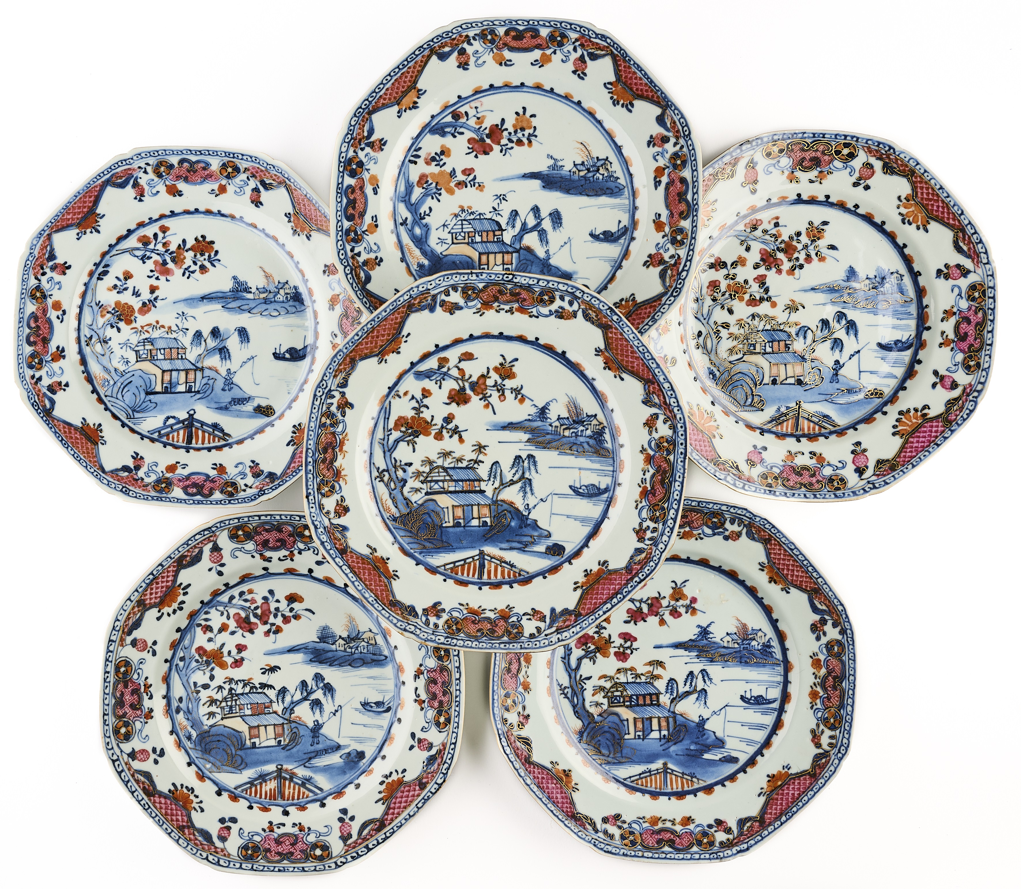 A SET OF SIX CHINESE IMARI EXPORT OCTAGONAL DINNER PLATES, QING DYNASTY, 18TH CENTURY