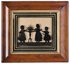 A REVERSE GLASS PAINTED SILHOUETTE PICTURE OF 'THE HAPPY CHILDREN', ENGLISH SCHOOL, 19TH CENTURY