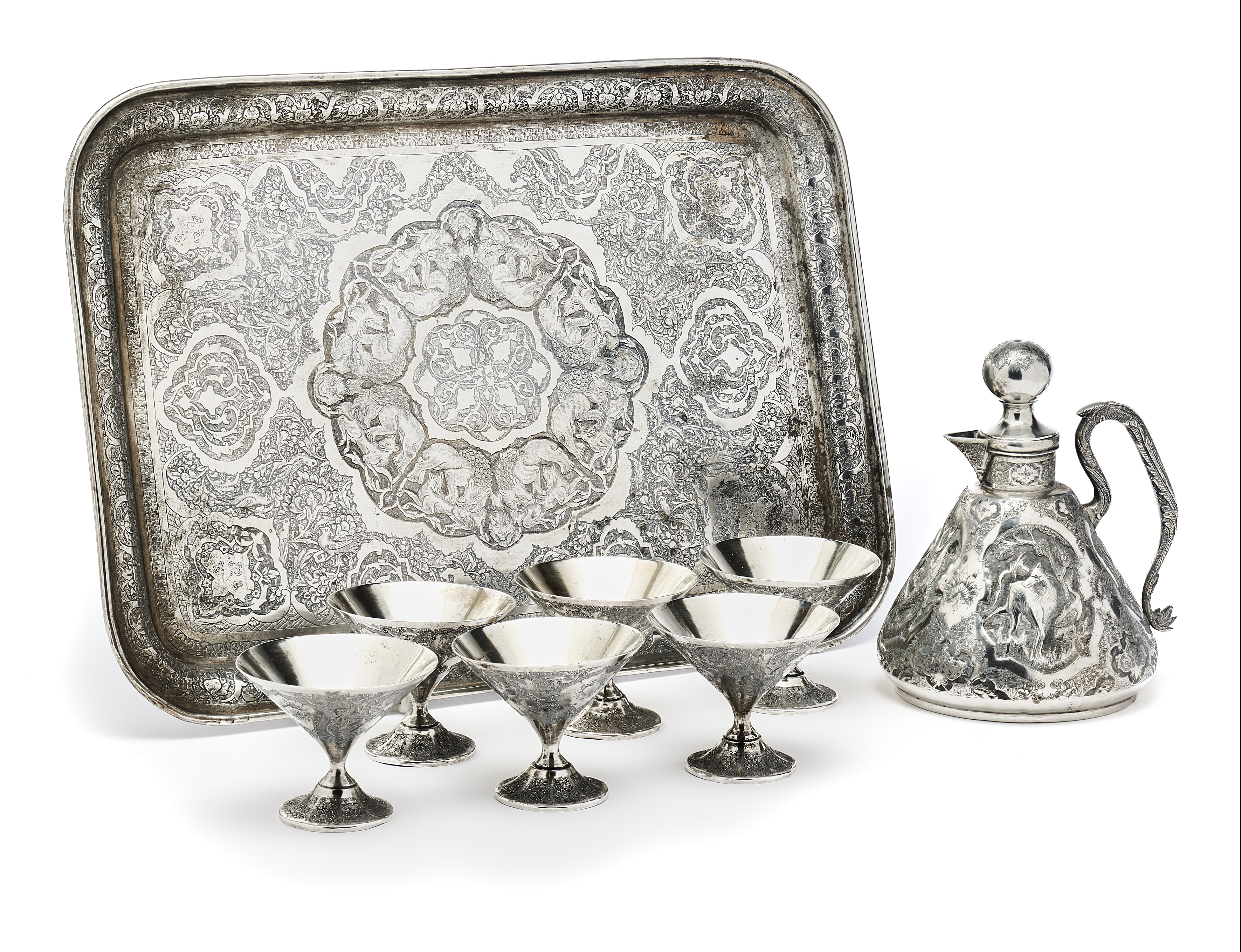 AN IRANI LIQUEUR SET AND TRAY, RASOOL PARVARESH, ISFAHAN, CIRCA 1960