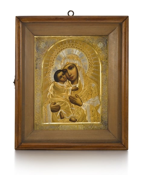 ‡ A RUSSIAN ICON OF THE VLADIMIR MOTHER OF GOD WITH PARCEL-GILT-SILVER OKLAD, MAKER'S MARK GS, - Image 3 of 5