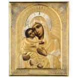 ‡ A RUSSIAN ICON OF THE VLADIMIR MOTHER OF GOD WITH PARCEL-GILT-SILVER OKLAD, MAKER'S MARK GS,
