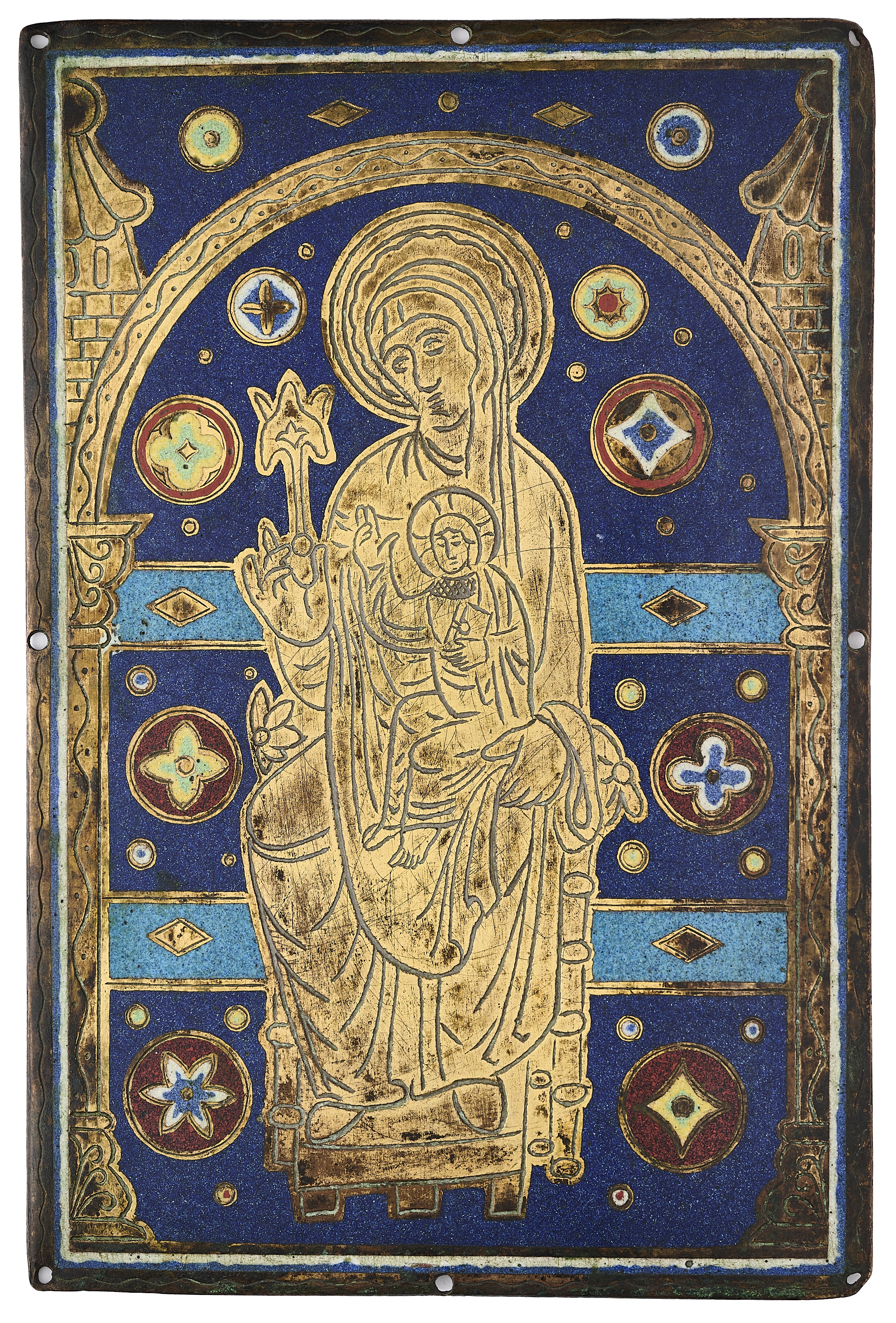 A CHAMPLEVE ENAMEL PANEL OF THE MADONNA AND CHILD, LIMOGES 13TH CENTURY STYLE